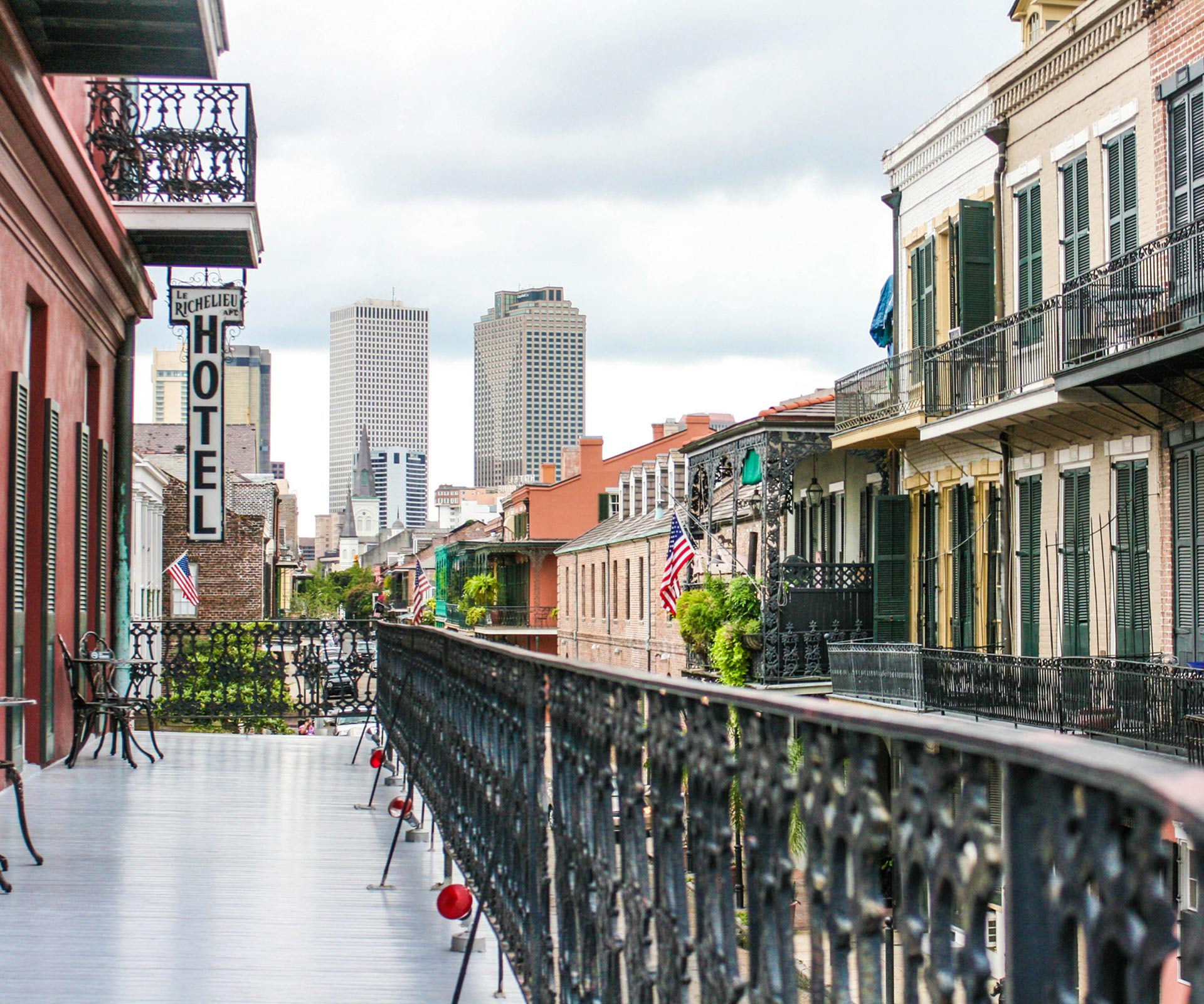 View of downtown New Orleans from French Quarter balcony