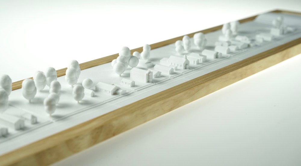Angled photograph of 3D printed village