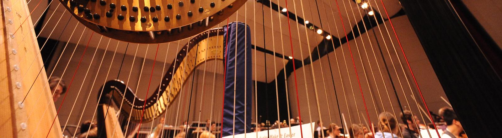 Standing harp in a auditorium