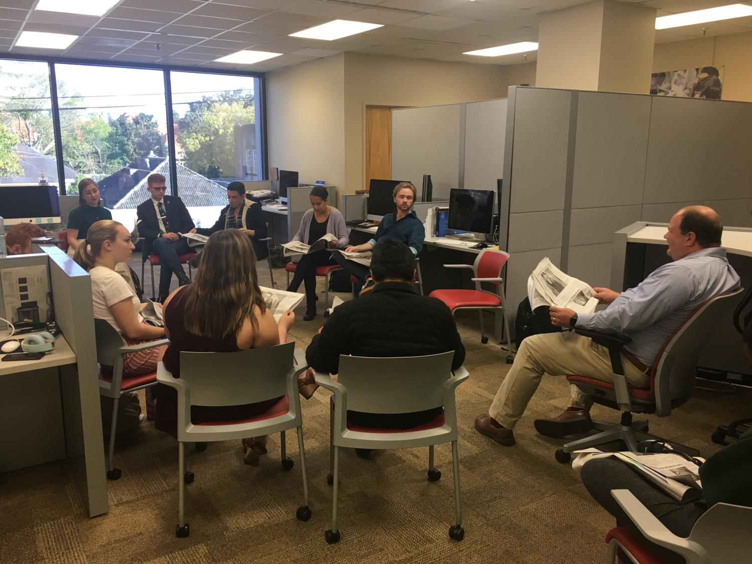 Maroon staff receive a critique from advisor Michael Giusti, March 6th 2020