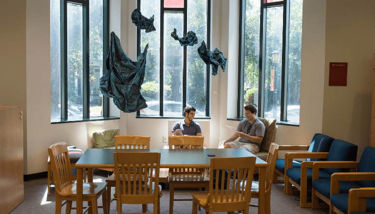 Online students meeting at Loyola's library.